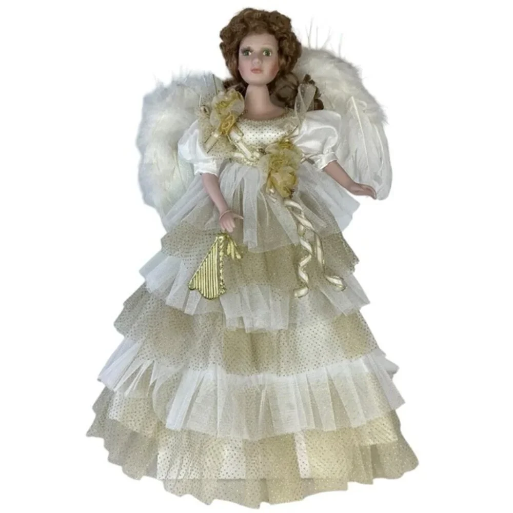 Vintage Porcelain Angel Doll 19” Brunette with Stand Gold White Lace Gown 1989